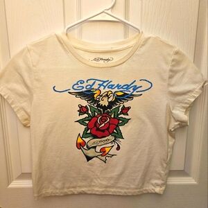 Ed Hardy Graphic Baby Crop Tee with Rose and Anchor